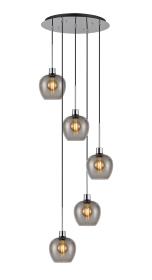 DK1292  Lori 45cm Round Pendant, 5 Light Adjustable E27, Polished Chrome/Smoke Wine Shades